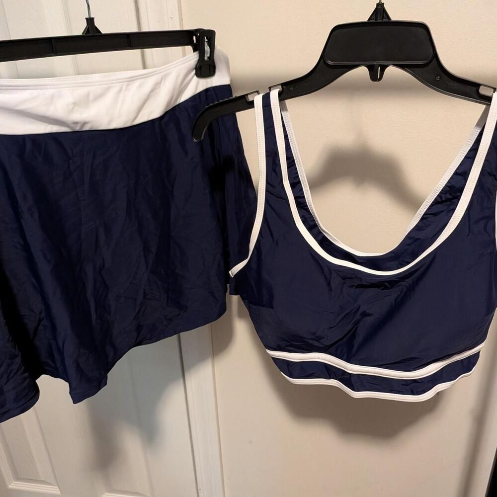 Navy blue 2 piece swimsuit set with white trim